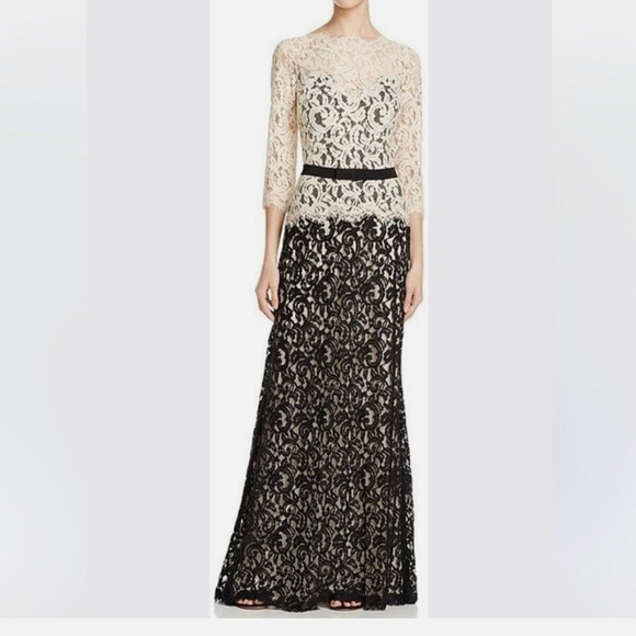 Elegant Tadashi Shoji Formal Illusion Lace Two-Tone Cream Black Gown Size 12 - Picture 1 of 1